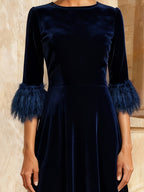 Vivienne | Velvet Midi Dress with Feather Cuff Detail