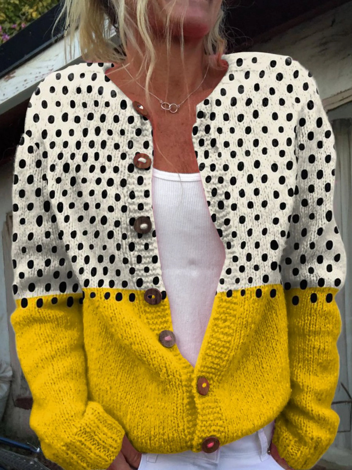 Yellow Geometric Polka Dots Print | Buttoned Cardigan Sweater