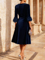 Vivienne | Velvet Midi Dress with Feather Cuff Detail