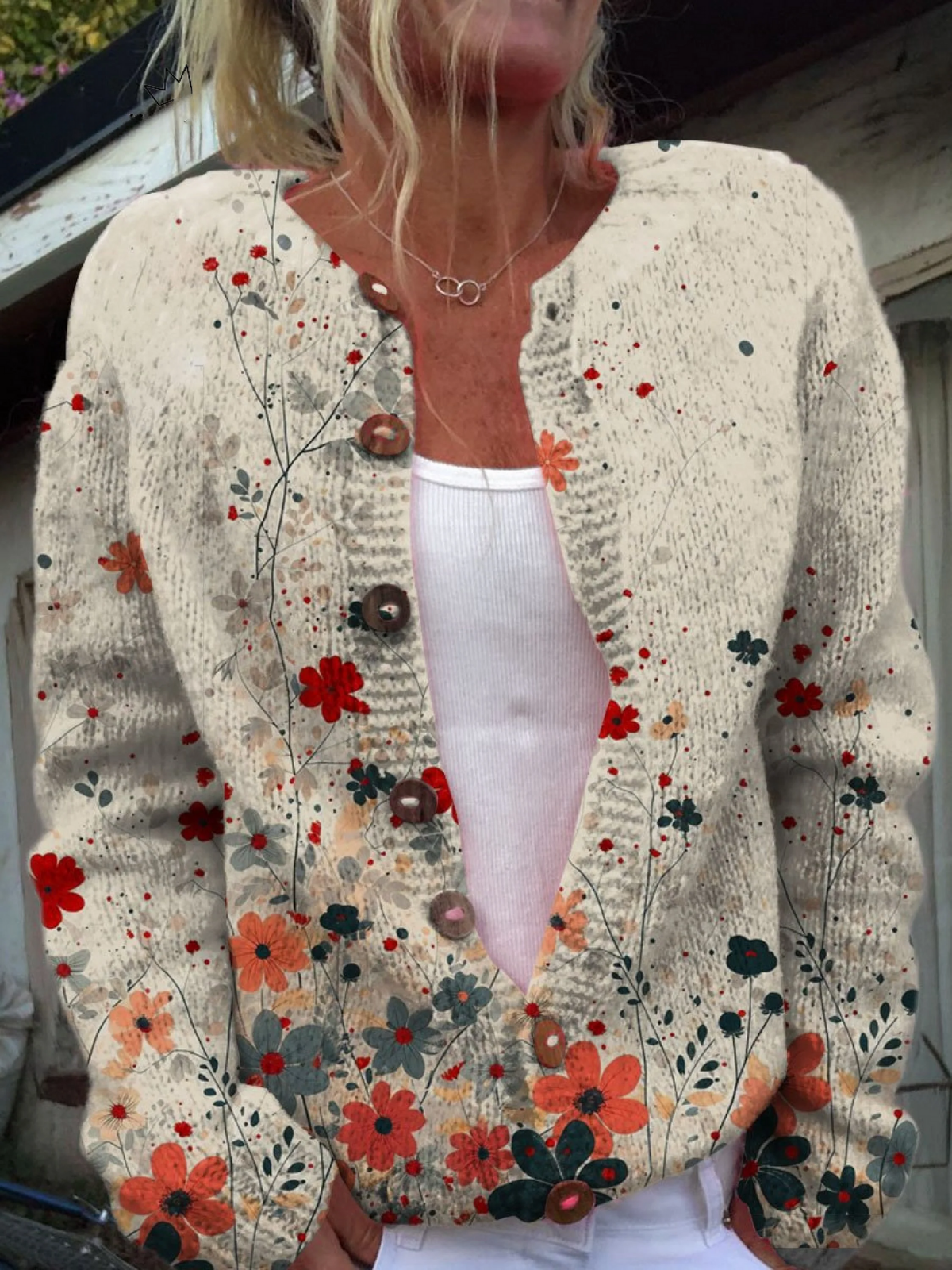 Vintage Flower Art Print | Buttoned Cardigan Sweater